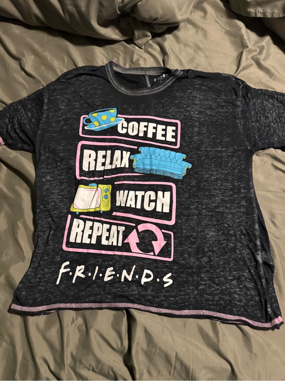 Women’s Black 'Coffee Relax Watch Repeat' Friends Graphic Tee Sz m